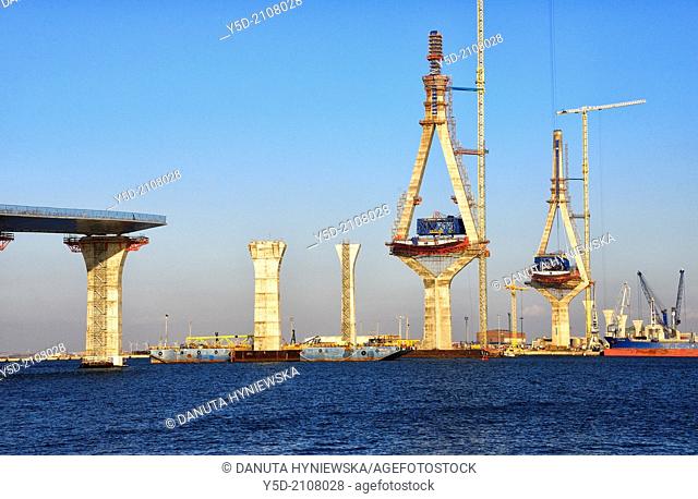 Europe, Spain, Andalusia, Cádiz, construction works of new bridge connecting Cádiz with Puerto Real over Cádiz Bay, cable-stayed bridge with total length over 3...