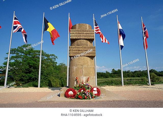 Memorial stele at Pegasus bridge, site of the first liberation, 6th June 1944, Normandy, France, Europe
