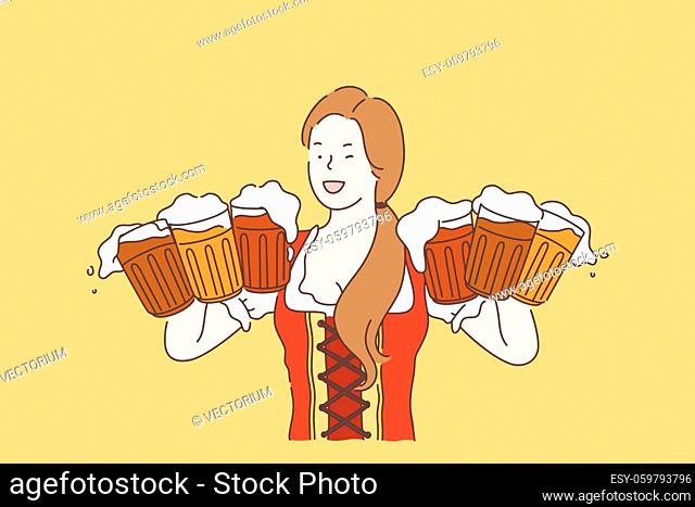 Oktoberfest vector concept. Beautiful young girl holding serving big beer mugs. Woman wearing traditional Bavarian dress at beer party