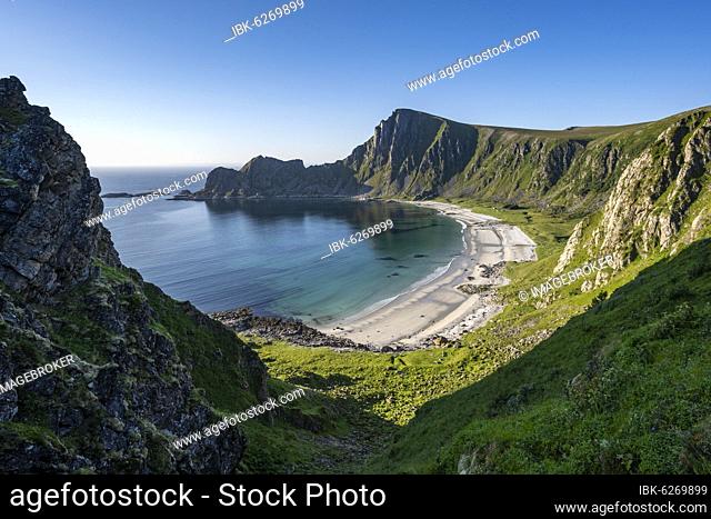 Cliffs, beach and sea, hike to the mountain Måtinden, near Stave, Nordland, Norway, Europe