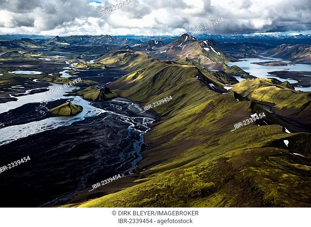 Aerial view, Lake Langisjór, moss-covered mountains, Skaftá River, Icelandic Highlands, Iceland, Europe