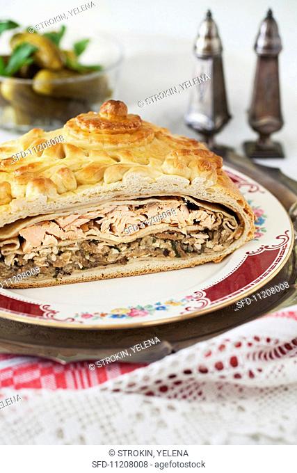 Kulebyaka; Authentic Russian Pie with Salmon, Rice, Mushrooms, Onions and Dill