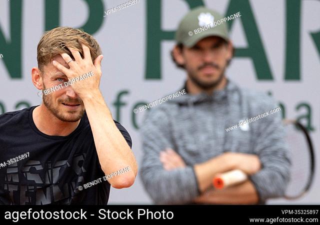Belgian David Goffin and his coach Germain Gigounon pictured during a training session ahead of the Roland Garros French Open tennis tournament, in Paris