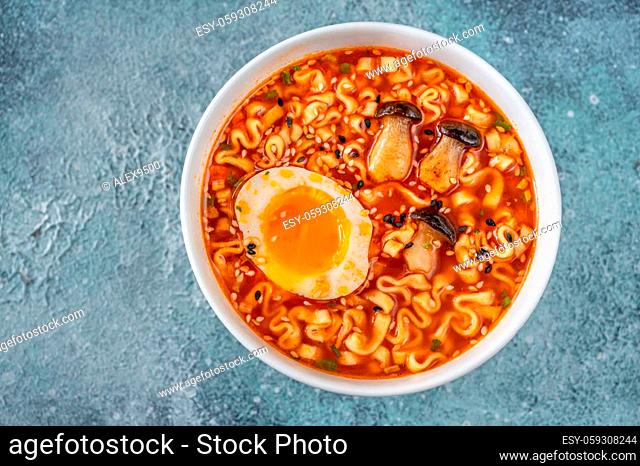 Bowl of Ramen - Japanese noodle soup: top view