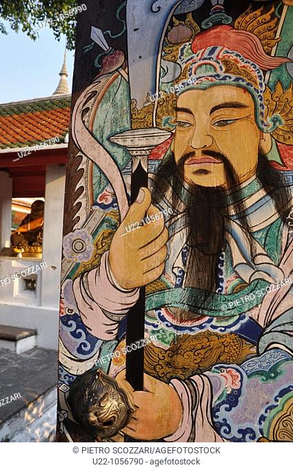 Bangkok (Thailand): an ancient warrior painted on a door at the Wat Pho