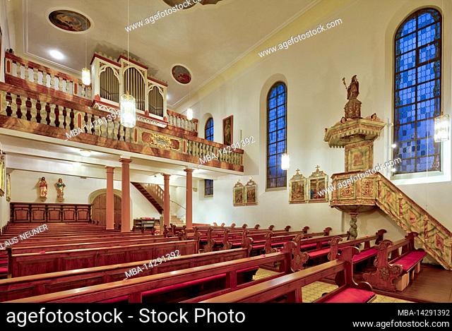 St. Boniface, church, fortified church Aschfeld, pulpit, gallery, organ, Advent, Aschfeld, Main-Spessart, Franconia, Bavaria, Germany