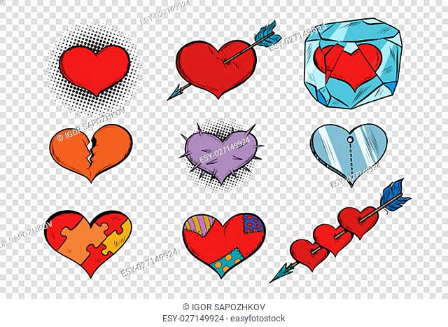 set of Valentine hearts on a transparent background. Pop art retro illustration. Different textures characters