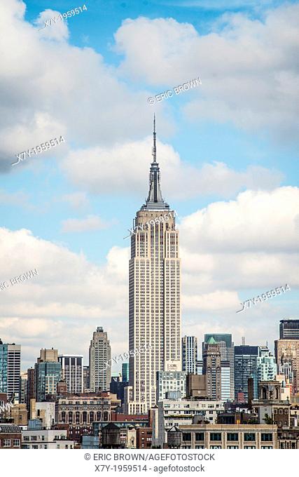 Skyline of New York City prominently featuring the Empire State Building