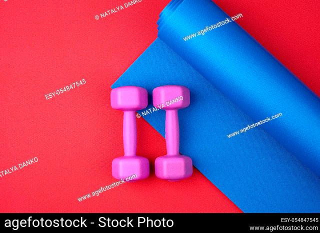 pair of purple plastic dumbbells on a blue neoprene mat, top view, training equipment