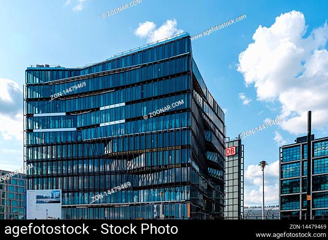 Berlin, Germany - July 27, 2019: Cube Berlin, a modern glass office building located on Washingtonplatz, besides central station and Spreebogen