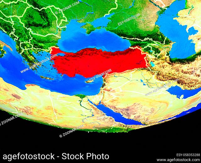 Turkey from space on model of planet Earth with country borders. 3D illustration. Elements of this image furnished by NASA