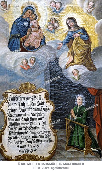 Votive image from 1745 for the saving from a terminal illness, Kirchwald Pilgrimage Church near, Nussdorf, Bavarian Inntal, Upper Bavaria, Germany, Europe