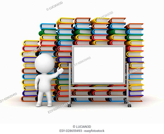 3D character showing a large empty whiteboard and many stacks of colorful books behind him. Isolated on white background