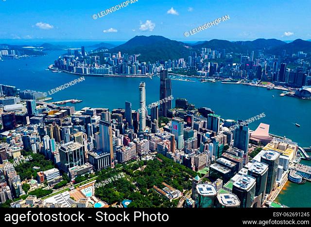 Hong Kong 10 September 2019: Top view of Hong Kong city