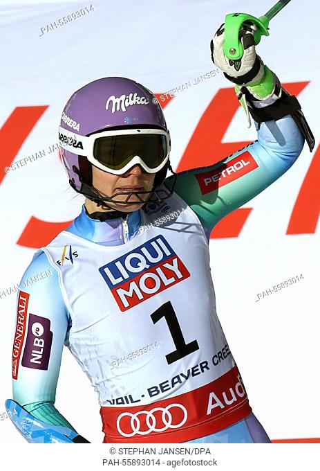 Tina Maze of Slovenia reacts after the first run of the womens slalom at the Alpine Skiing World Championships in Vail - Beaver Creek, Colorado, USA