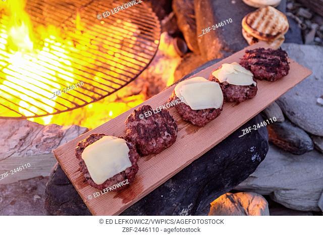 Hamburgers and cheeseburgers just griled over an open fire on the beach rest on a cedar shingle used as a plate on a summer beach picnic in Little Compton