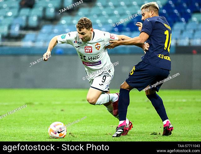 RUSSIA, SOCHI - MARCH 5, 2023: CSKA Moscow’s Fyodor Chalov (L) and FC Sochi's Christian Noboa in their 2022/2023 Russian Premier League Round 18 football match...