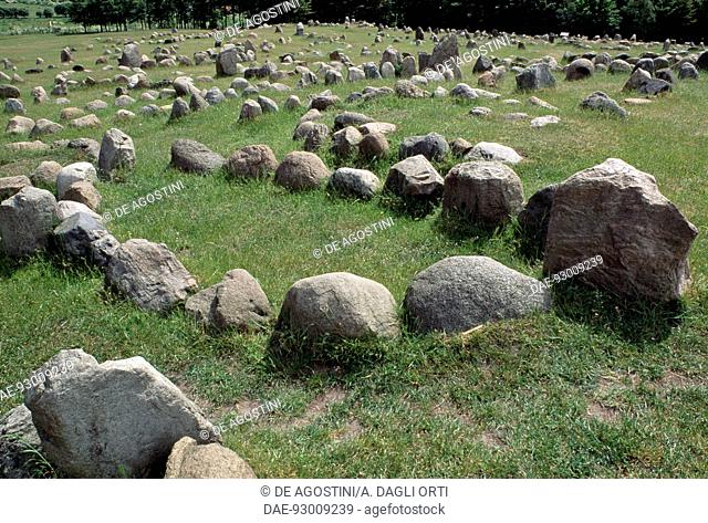Boat-shaped grave for tribal leaders, Viking burial site, Lindholm Hoje, Aalborg, Jutland, Denmark. Viking civilisation, 700-1050 AD