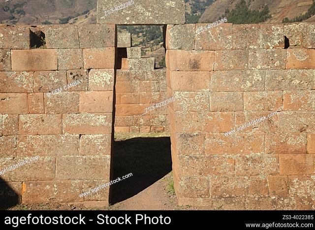Stone walls at Intihuatana sector of Inca fortress ruins in Pisac, Cusco Province, Incas Sacred Valley, Peru, South America