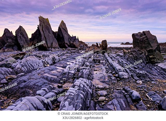 Rocks exposed at low tide at Duckpool on the Heritage Coast of North Cornwall, England