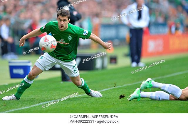 Bremen's Sokratis controls the ball during the match Werder Bremen vs TSG 1899 Hoffenheim at the Weser Stadion in Bremen, Germany, 04 May 2013