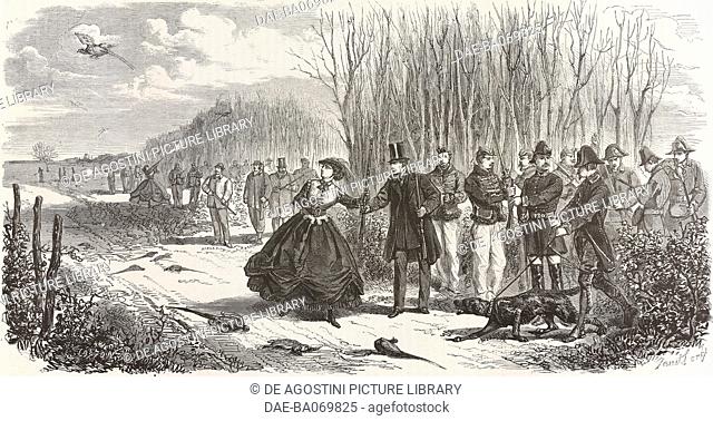 Napoleon III and Eugenie de Montijo hunting in the forest of Marly, France, engraving by Cosson Smeeton from L'Illustration, Journal Universel, No 1200