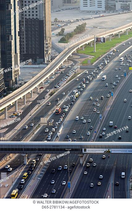 UAE, Dubai, Downtown Dubai, Sheik Zayed Road interchange, elevated view