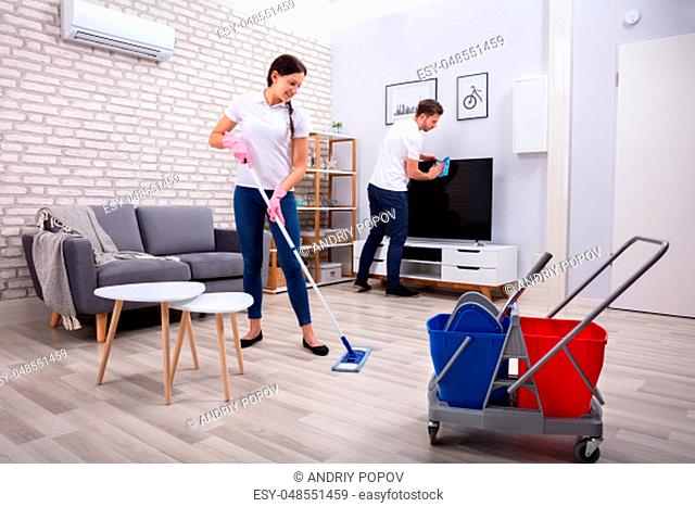 Young Workers Cleaning Television And Floor With Mop And Sponge At Home
