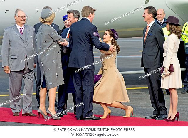 King Willem-Alexander and Queen Maxima of The Netherlands are welcomed by Danish Queen Margrethe, Prince Henrik, Crown Princess Mary, Crown Prince Frederik