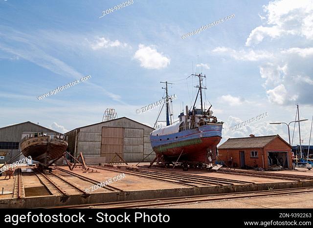 Hundested, Denmark - July 11, 2016: Boats in the dry dock