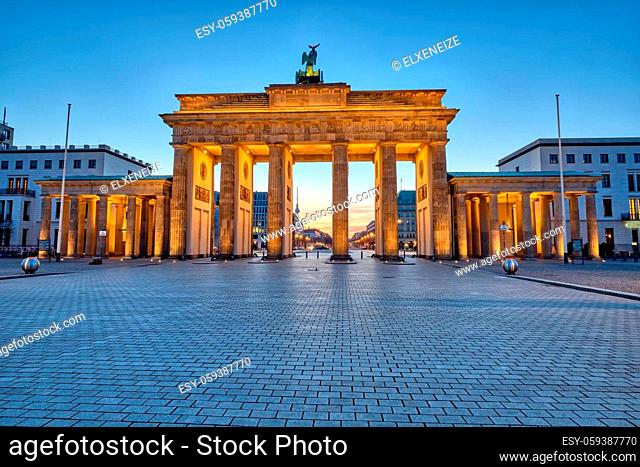 The back side of the famous Brandenburg Gate in Berlin before sunrise