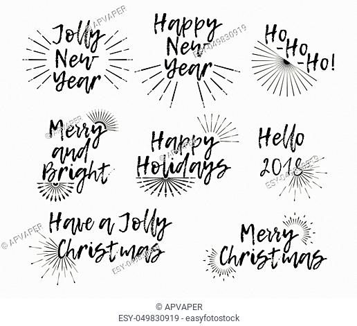 Set of Merry Christmas card with calligraphy text and sunburst. Template for Greetings, Congratulations, Housewarming posters, Invitations, Photo overlays