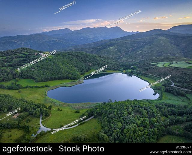 Aerial view of the Montcortès lake on a summer sunrise (Pallars Sobirá , Lleida, Catalonia, Spain, Pyrenees)