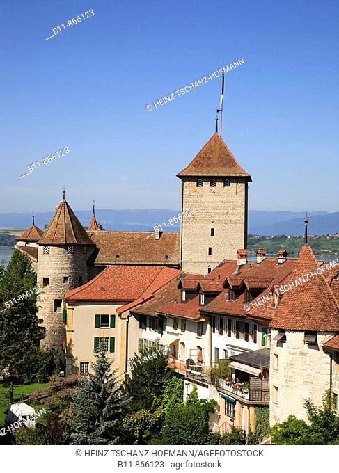 castle and citywall of Murten, Morat, canton of Fribourg, Switzerland