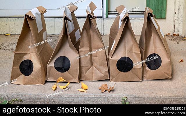 Brown bags with groceries and fresh produce delivered to house. Online shopping and home delivery during coronavirus pandemic