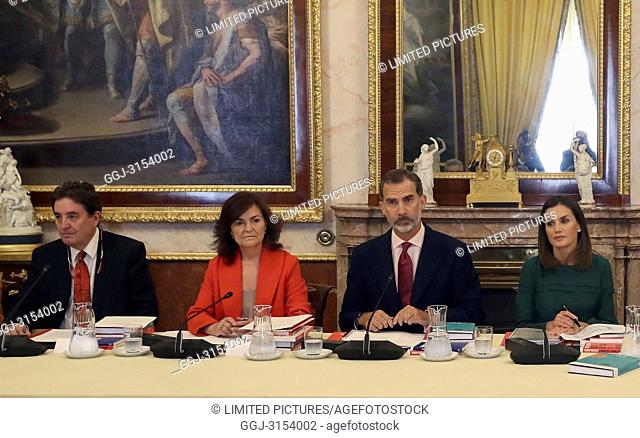 King Felipe VI of Spain, Queen Letizia of Spain attends an Annual Meeting of the Board of Trustees of the Cervantes Institute and subsequent lunch with the...
