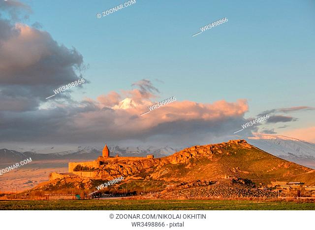 Ancient monastery Khor Virap in Armenia with Ararat mountain at background at sunrise. Was founded in years 642-1662