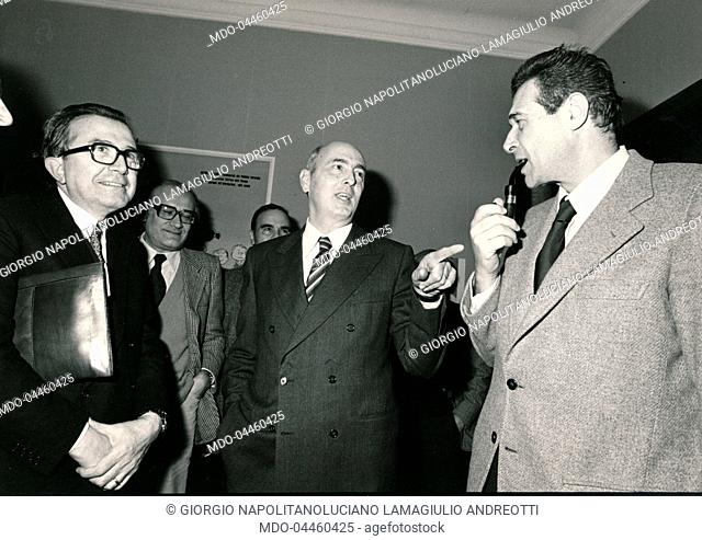 Italian politician Giorgio Napolitano with the Secretary of the Italian General Confederation of Labour (CGIL) Luciano Lama and Italian politician Giulio...