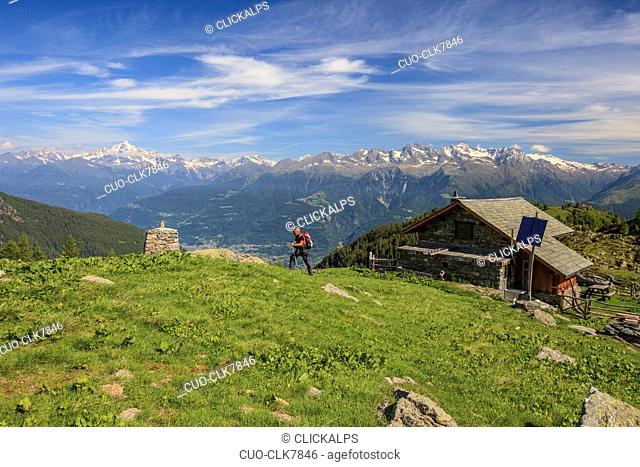 Hiker leaves the hut and proceeds in a summer sunny day, Orobie Alps, Arigna Valley, Valtellina, Lombardy, Italy, Europe