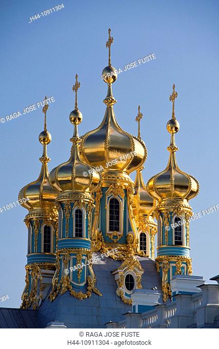 Russia, Near Saint Petersburg, Peterburg, Pushkin, Tsarskoye Selo, Catherine palace, Palace, Domes, spire, detail, golden, church