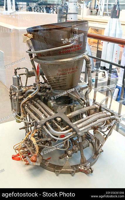 Moscow, Russia - November 28, 2018: Liquid-propellant rocket engine. Space pavilion at VDNH. Modern museum of russian cosmos exploration