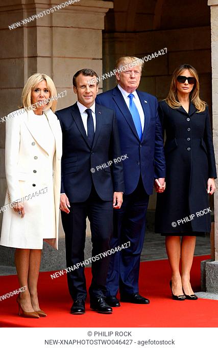 (190606) -- CAEN, June 6, 2019 (Xinhua) -- French President Emmanuel Macron (2nd L) and his wife Brigitte Macron (1st L) meet with U.S