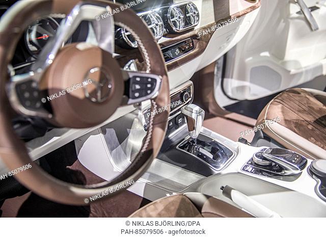 The interior of a concept vehicle, type Mercedes-Benz Concept X-Class, of the automobile producer Daimler at its presentation in Stockholm, Sweden