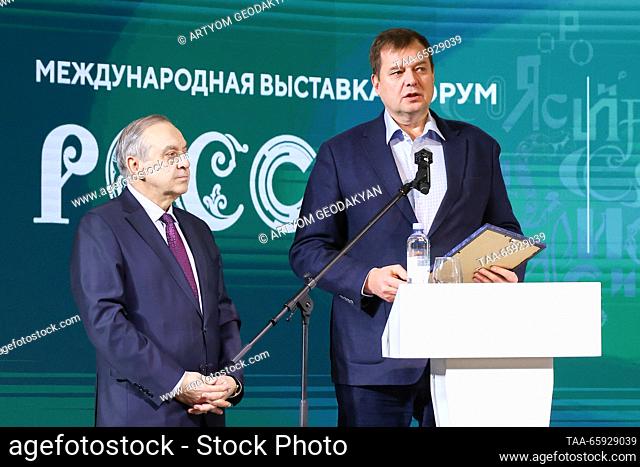 RUSSIA, MOSCOW - DECEMBER 20, 2023: Crimea's Permanent Representative to the Russian President Georgy Muradov (L) and Zaporozhye Region Governor Yevgeny...