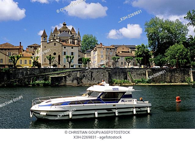 cruise boat on Lot River at Cahors, Lot department, Midi-Pyrenees region, France, Europe
