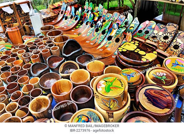 Sale of souvenirs, wooden bowls and bottle holders, Lake Arenal, western end, Alajuela province, Costa Rica, Central America