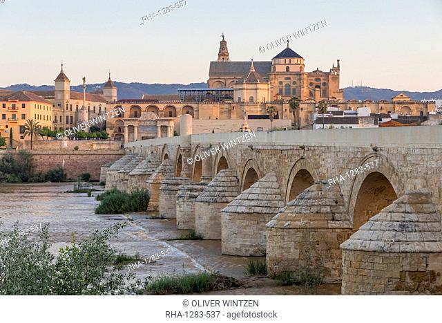 The Mosque-Cathedral (Great Mosque of Cordoba) (Mezquita) and the Roman Bridge at first light, UNESCO World Heritage Site, Cordoba, Andalusia, Spain, Europe