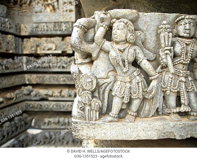 Carvings in temple walls in 'Hoysaleshwara' Hindu temple in Halebid, Karnataka, India