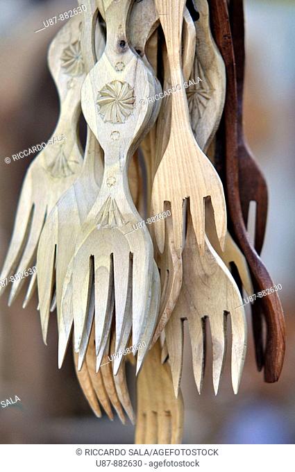 Italy, Valle Aosta, Courmayeur, Wooden Carving Decorating a Fork