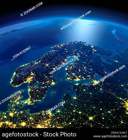Night planet Earth with precise detailed relief and city lights illuminated by moonlight. Europe. Scandinavia. Elements of this image furnished by NASA
